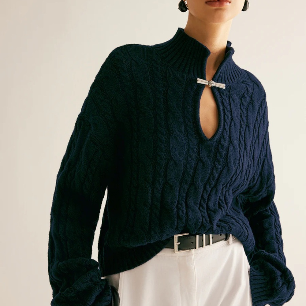 Commense Midnight Blue Cable Knit Turtleneck Sweater